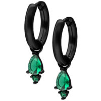 Petites créoles en forme de larme vert émeraude et noir Boucles d'oreilles noires avec cristaux vert émeraude sur fond blanc