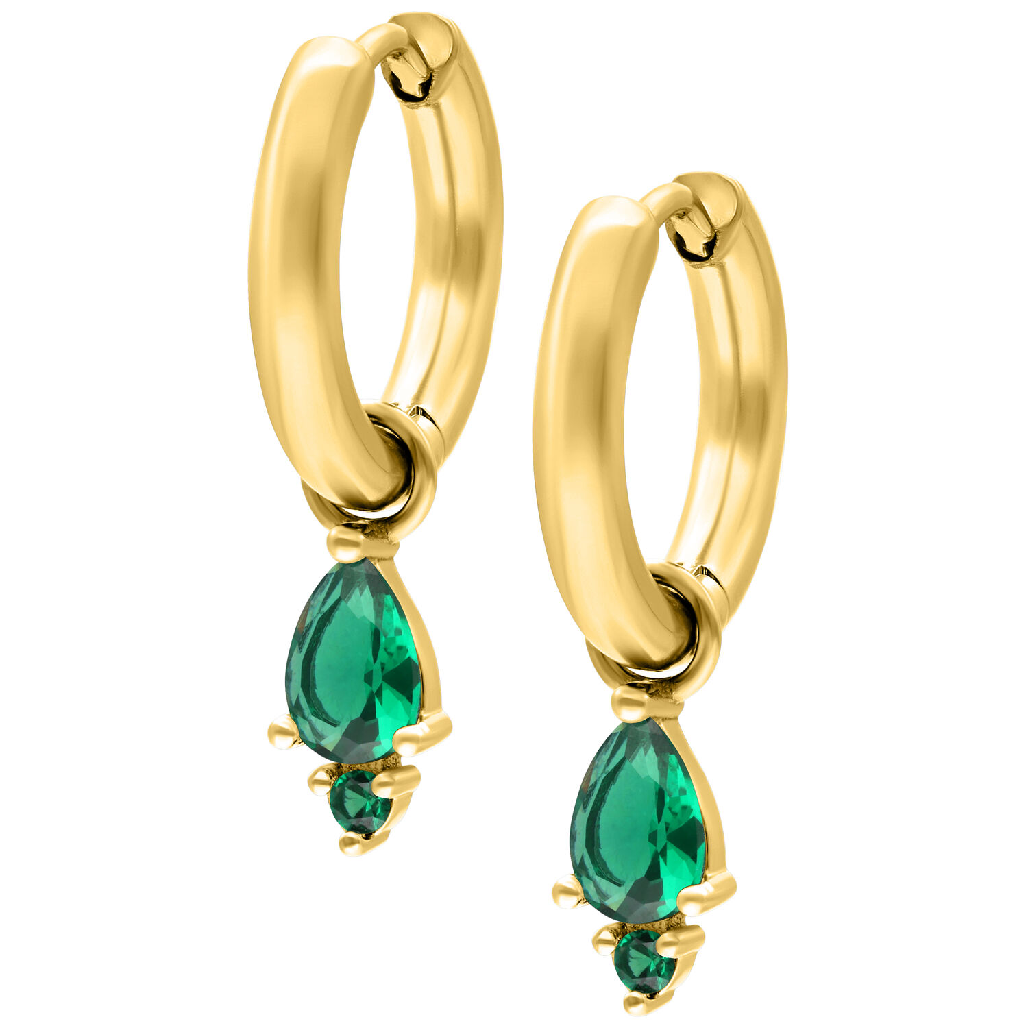 Boucles d'oreilles dorées avec cristaux vert émeraude Créoles dorées avec cristaux en forme de goutte vert émeraude sur fond blanc