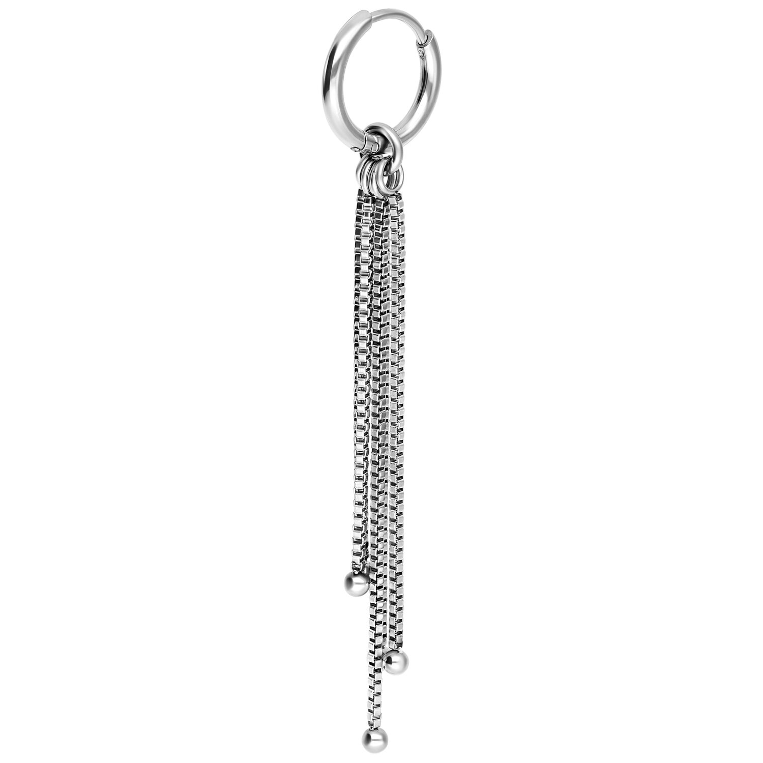 Boucles d'oreilles chaîne Venezia en acier inoxydable argenté Boucles d'oreilles chaîne en acier inoxydable argenté avec fermoir à clip sur fond blanc