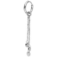 Boucles d'oreilles argentées avec détails de chaîne Boucle d'oreille argentée en acier inoxydable avec de longs détails de chaîne sur fond blanc