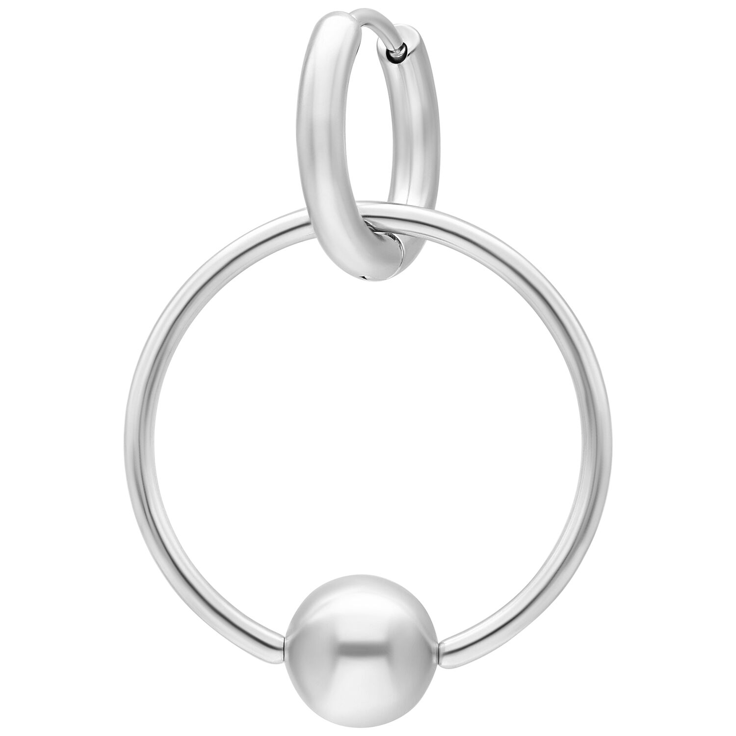 Anneaux à Fermeture à Bille en Acier Inoxydable Argentés Deux boucles d'oreilles argentées en acier inoxydable avec fermeture à bille sur fond blanc