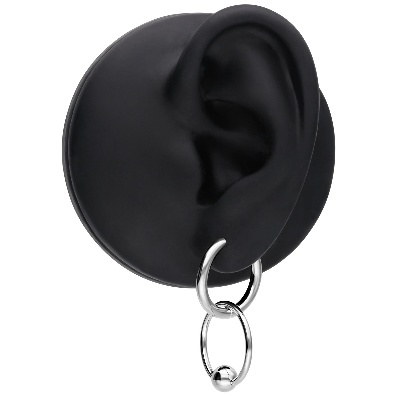 Boucles d'oreilles en acier inoxydable argentées avec fermoir à clapet Boucles d'oreilles en acier inoxydable argentées sur modèle d'oreille noir, fermoir à clapet