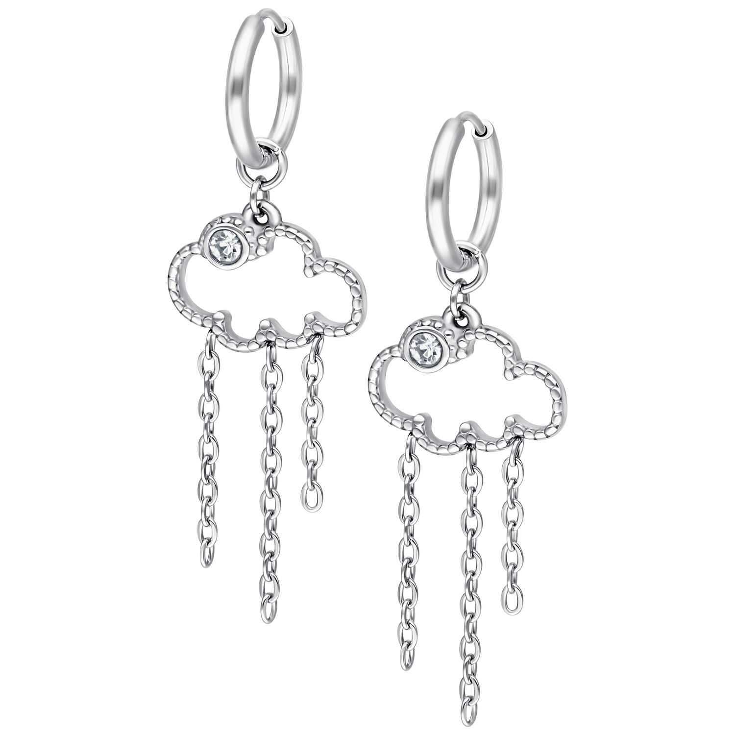 Little Cloud 9 créoles en acier inoxydable Boucles d'oreilles argentées en forme de nuage avec pendentifs en acier inoxydable sur fond blanc