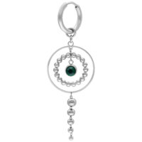 Little Aurora Hoops en argent avec vert émeraude Boucles d'oreilles en argent élégantes avec cristal vert émeraude et pendentif perle sur fond blanc