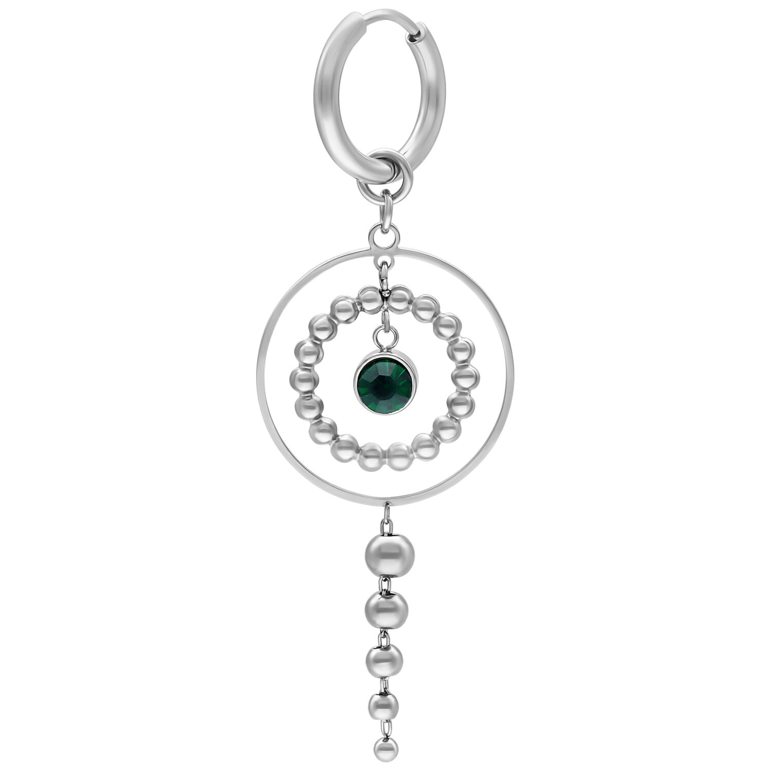 Little Aurora Hoops en argent avec vert émeraude Boucles d'oreilles en argent élégantes avec cristal vert émeraude et pendentif perle sur fond blanc