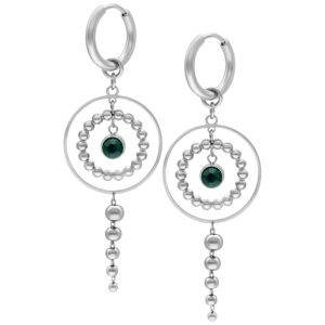 Créoles en argent avec cristal vert émeraude sur fond blanc
