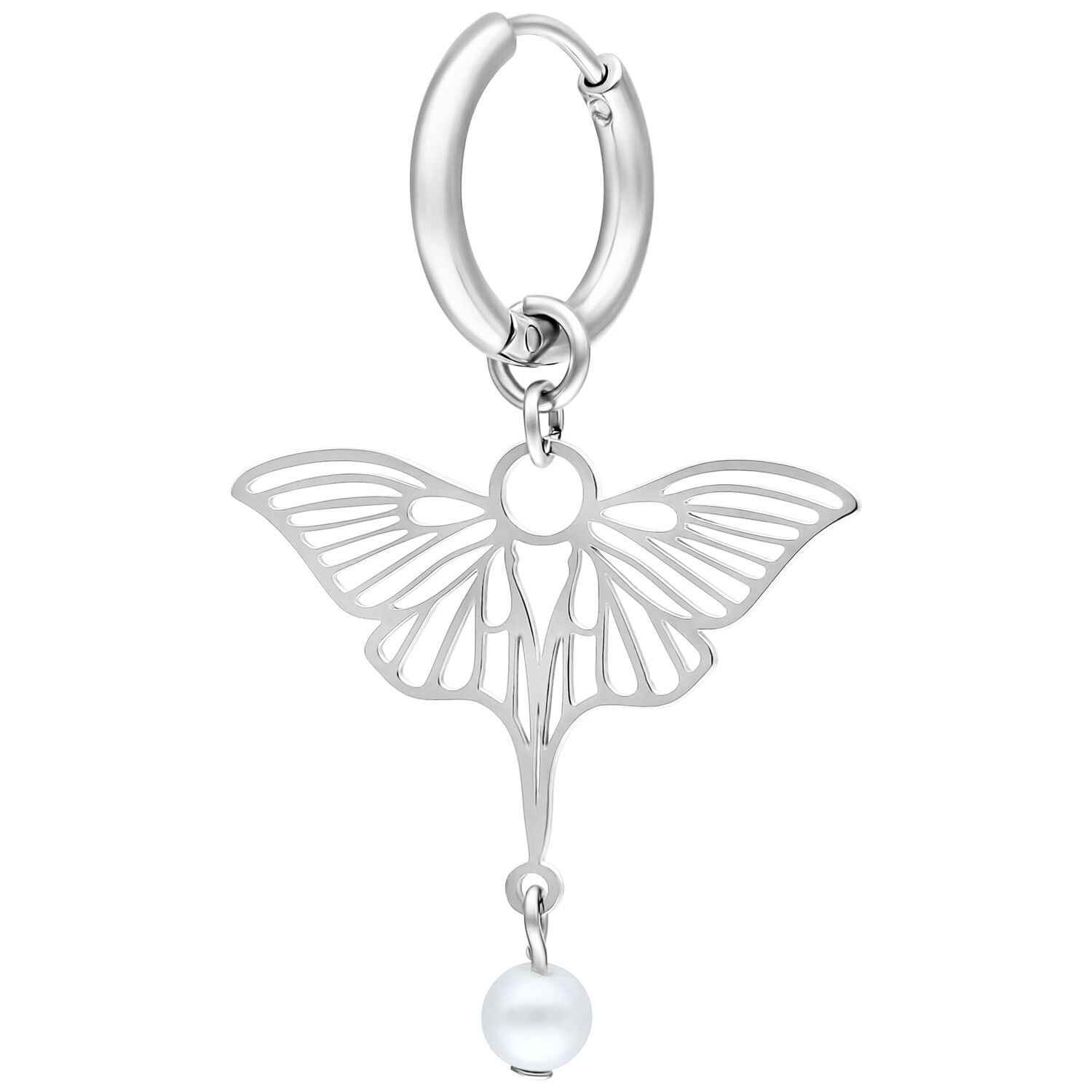 Boucles d'oreilles libellules argentées avec perle Boucles d'oreilles argentées avec pendentif libellule et petite perle sur fond blanc