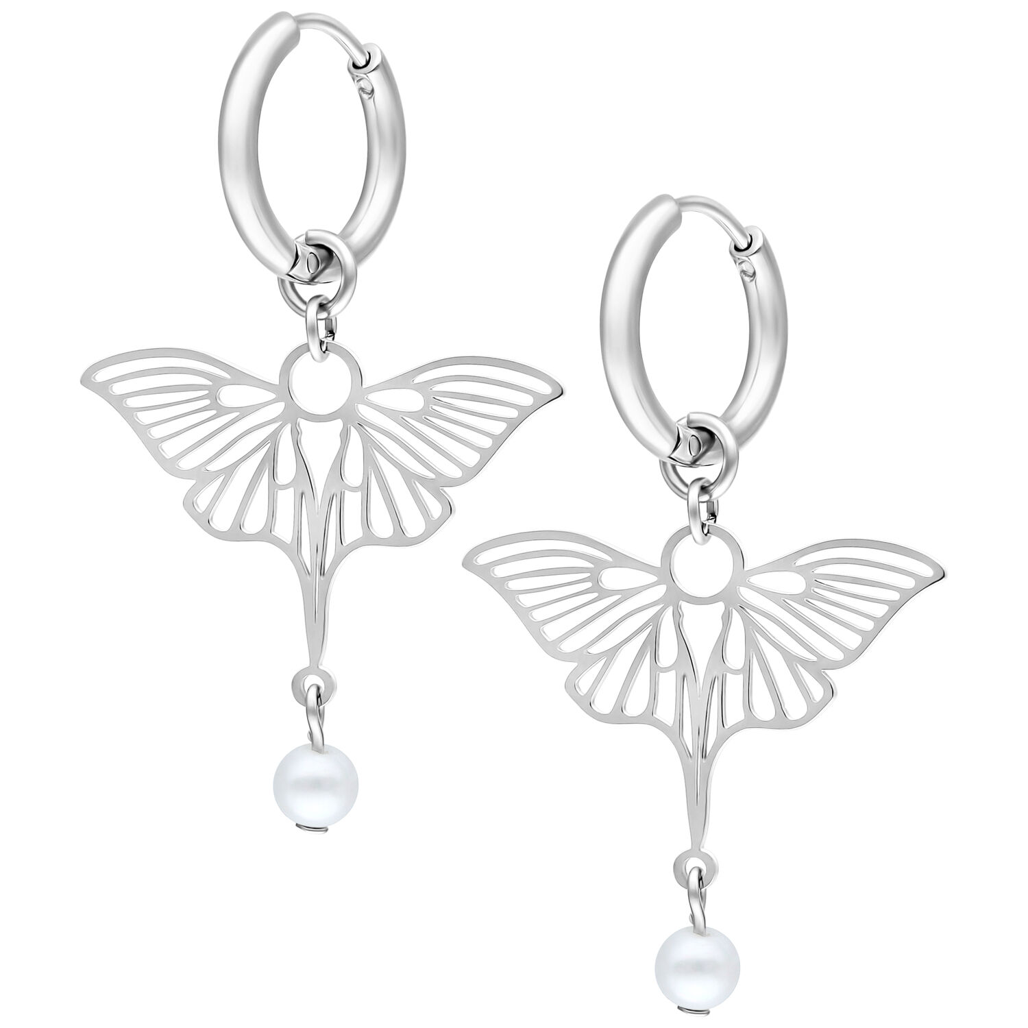 Boucles d'oreilles libellules élégantes en acier inoxydable Deux boucles d'oreilles libellules argentées avec pendentif perle sur fond blanc