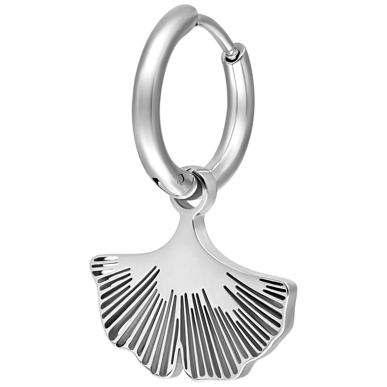 Boucles d'oreilles Ginkgo en acier inoxydable argenté Boucles d'oreilles en acier inoxydable argenté avec design Ginkgo sur fond blanc