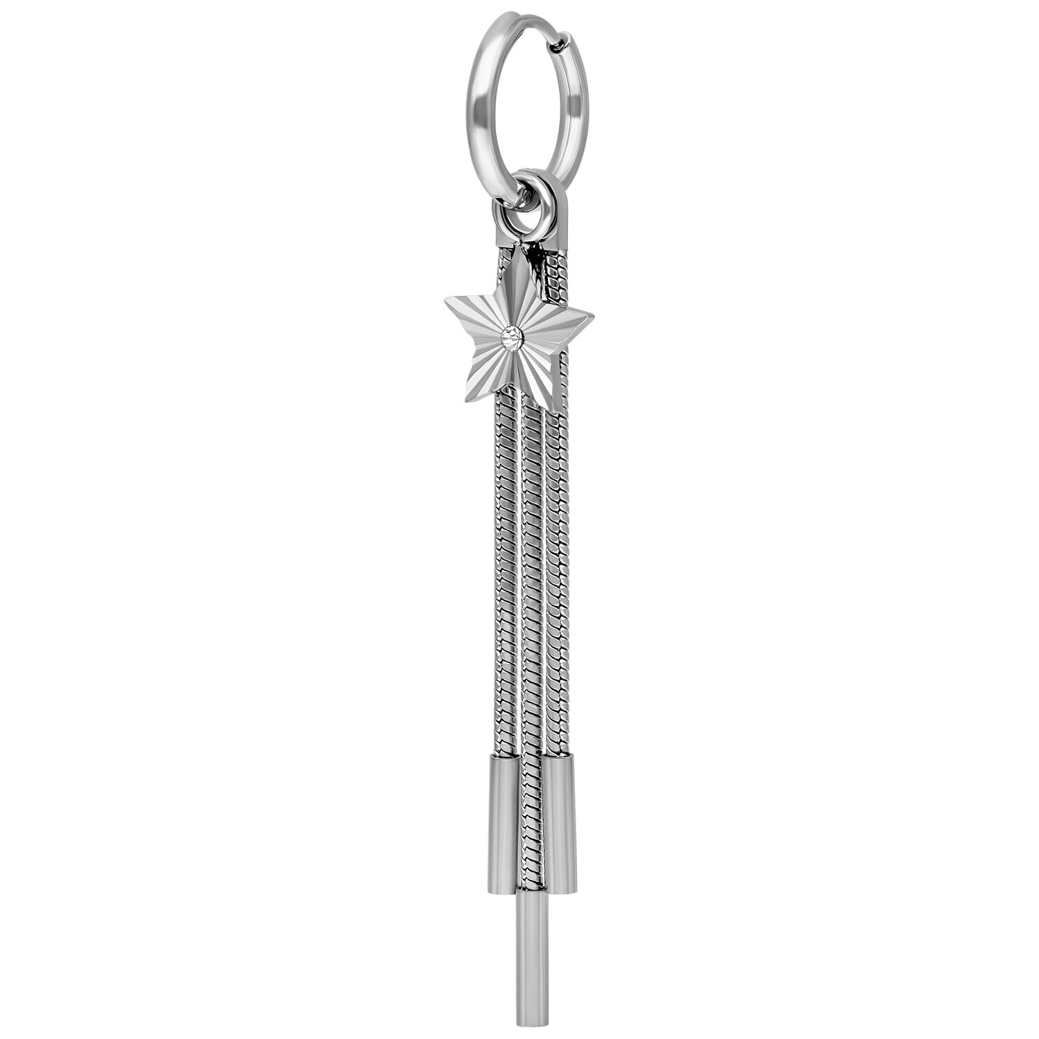 Boucles d'oreilles créoles Shooting Star argentées Boucles d'oreilles argentées avec pendentif étoile sur fond blanc