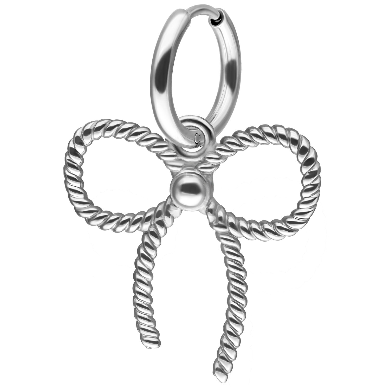 Boucles d'oreilles Little Twisted Bow en argent Boucle d'oreille en argent avec design de nœud torsadé sur fond blanc