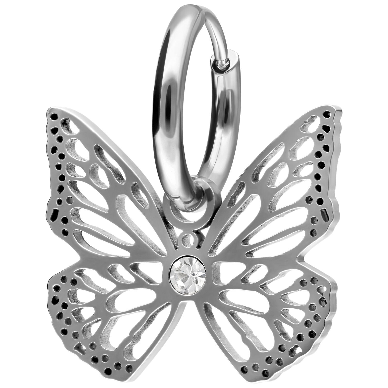 Boucles d'oreilles papillon en acier inoxydable argentées Boucles d'oreilles papillon en acier inoxydable argentées avec fermoir à clip sur fond blanc