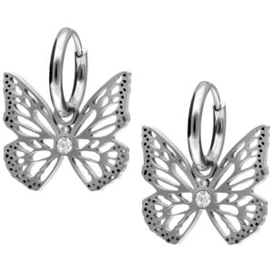 Boucles d'oreilles papillon en acier inoxydable argenté avec cristal sur fond blanc