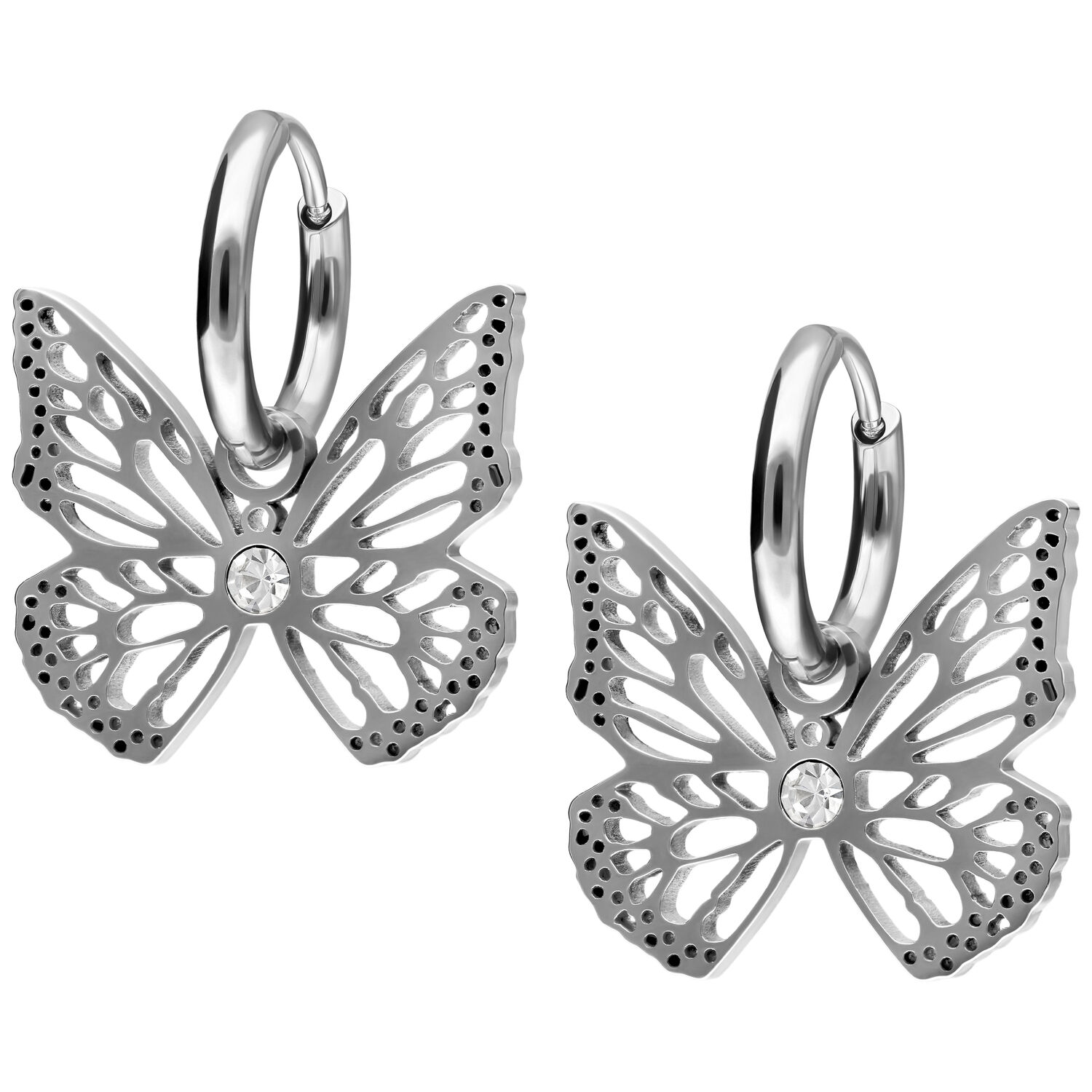 Boucles d'oreilles papillon élégantes en acier inoxydable Boucles d'oreilles papillon en acier inoxydable argenté avec cristal sur fond blanc