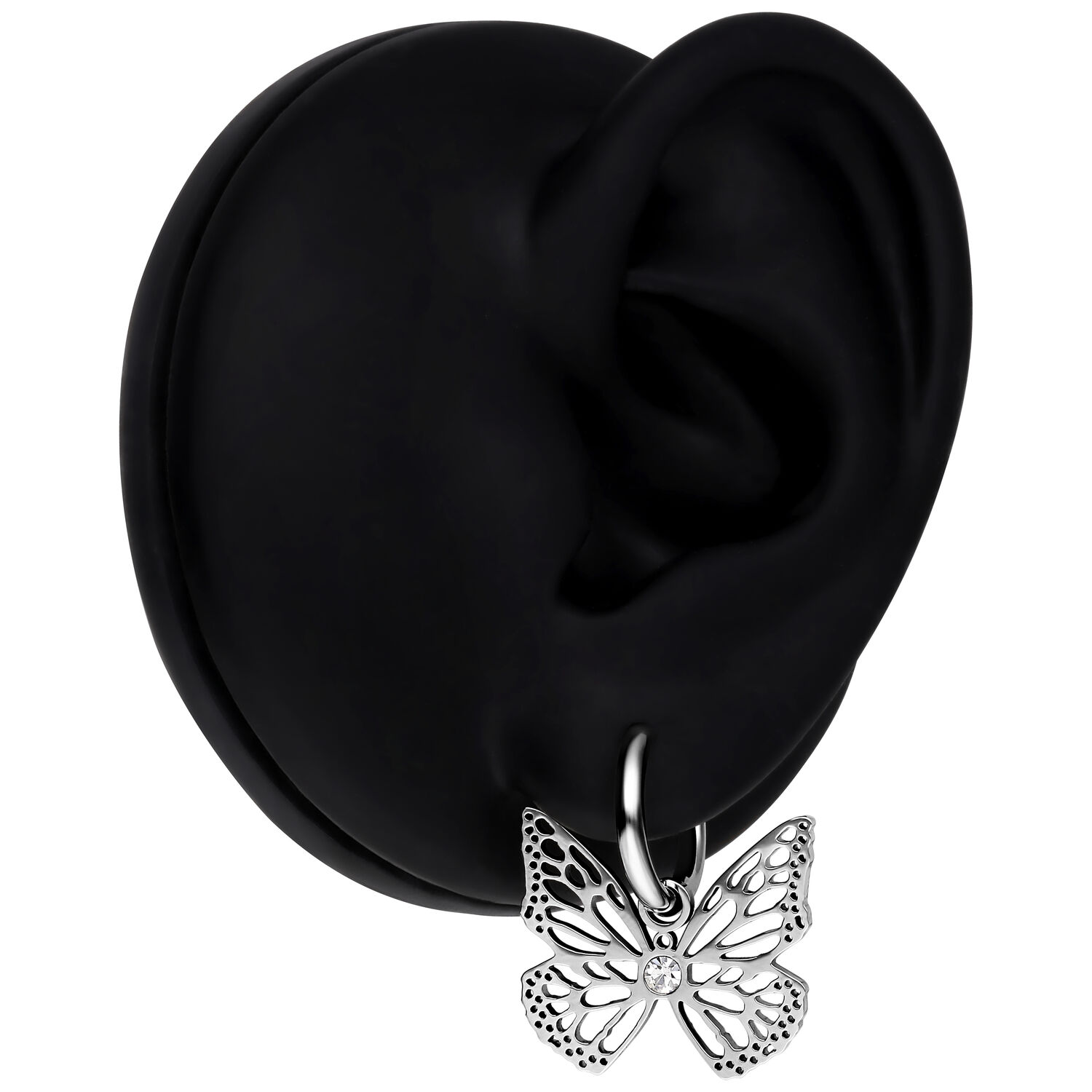 Boucles d'oreilles papillon élégantes en acier inoxydable Boucles d'oreilles papillon en argent sur présentoir noir, cristal clair