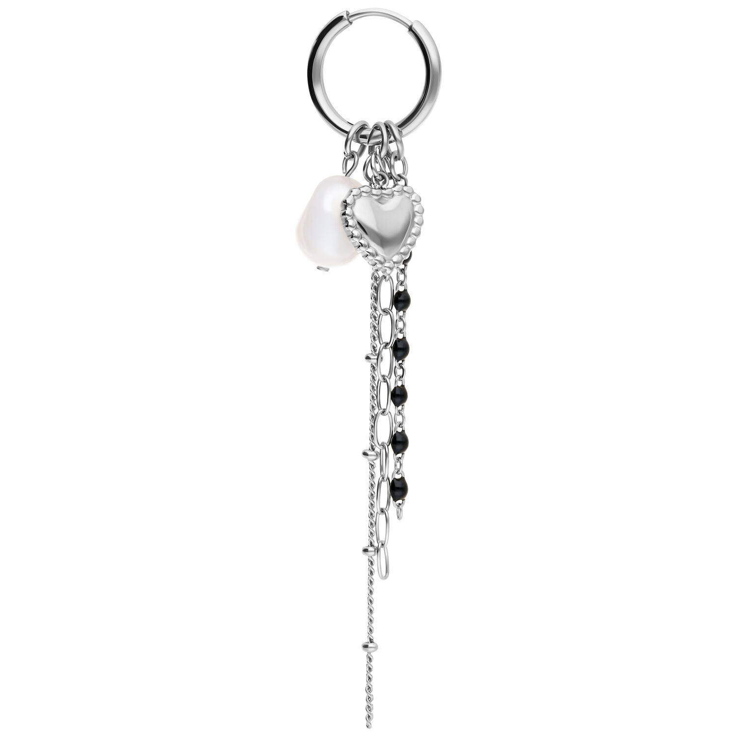 Créoles Cœur Bubble avec Perle en Argent Boucle d'oreille en argent avec pendentif cœur et perle sur fond blanc