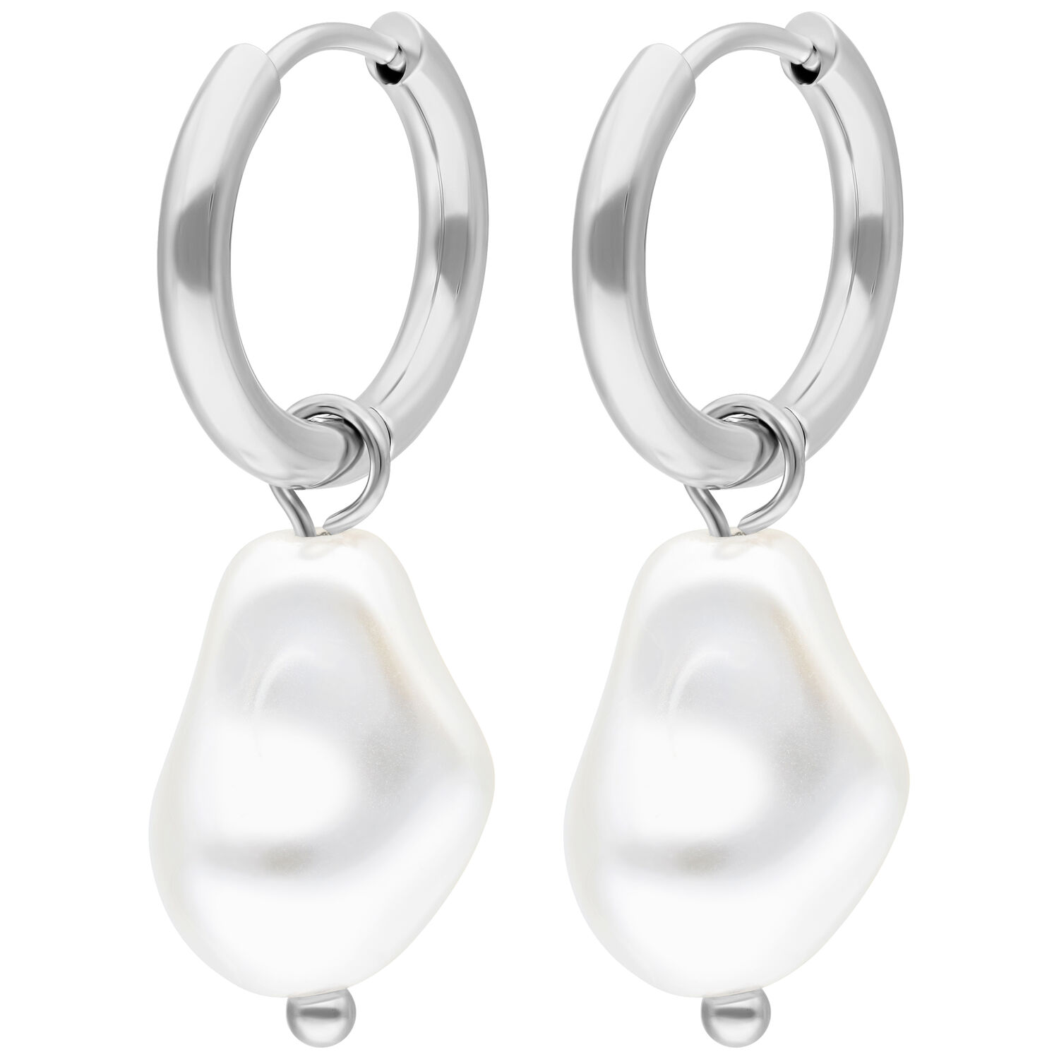 Boucles d'oreilles en acier inoxydable argenté avec perles baroques sur fond blanc