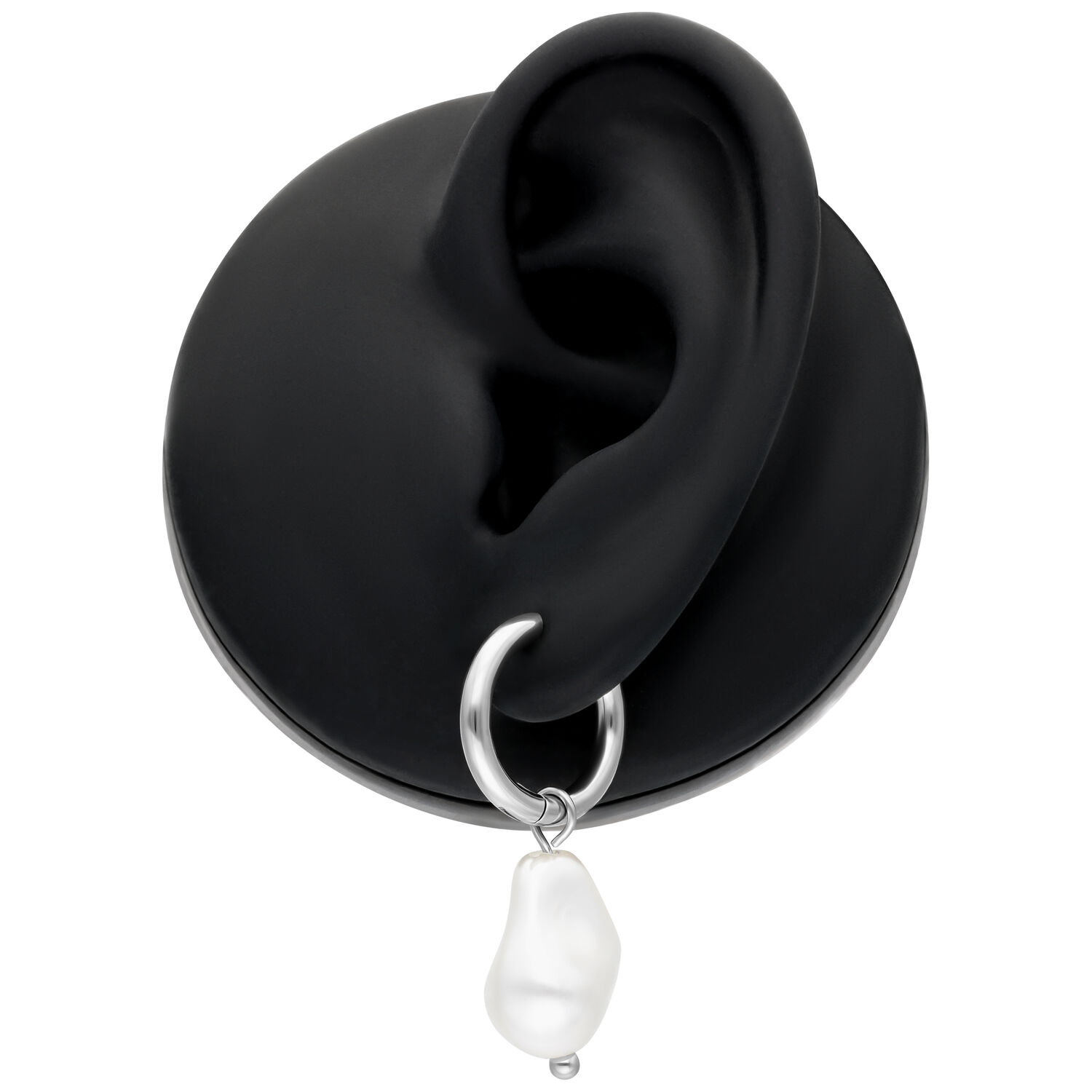 Créoles argentées avec perle baroque sur modèle d'oreille noir