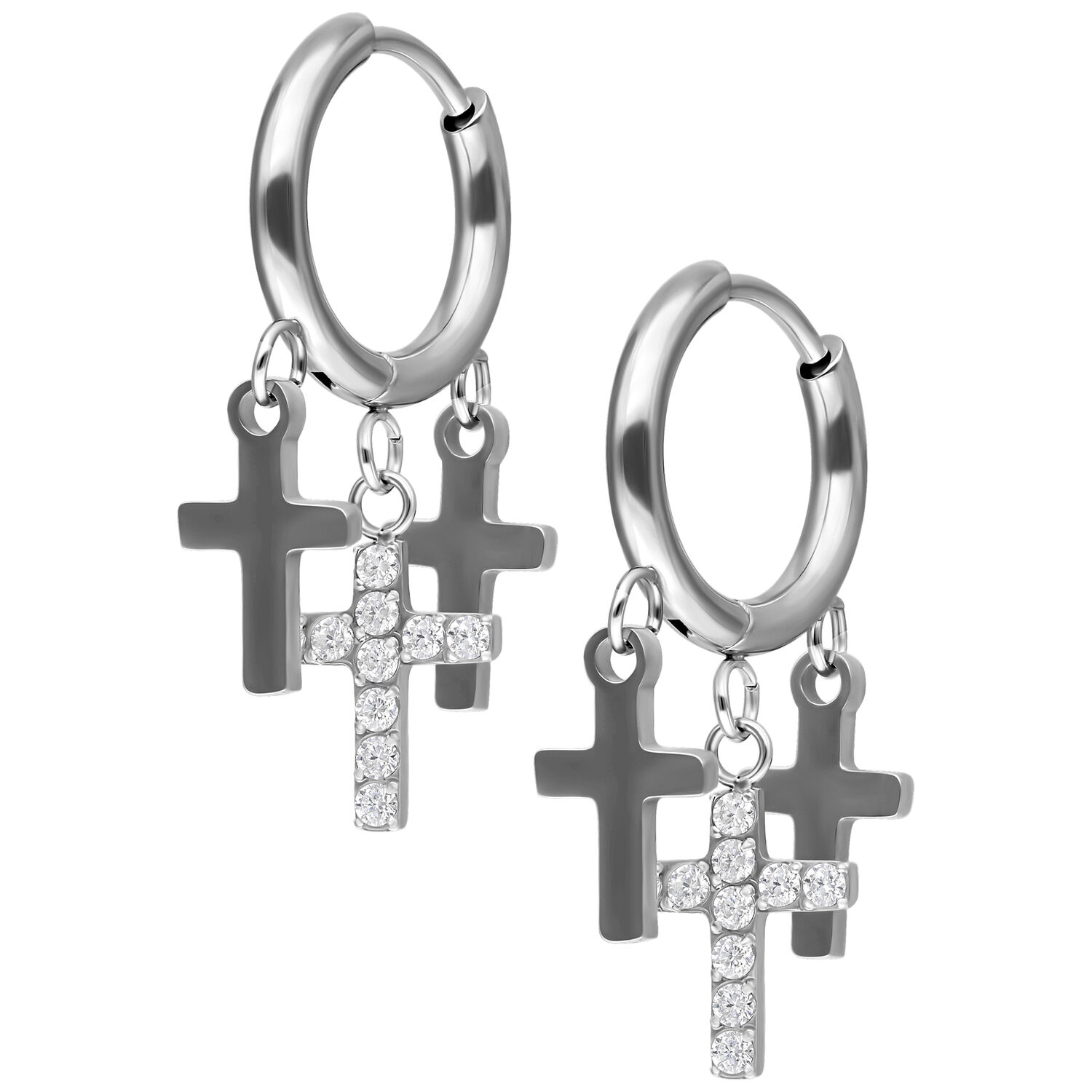 Créoles avec croix pendantes en acier inoxydable Créoles argentées avec trois pendentifs croix pendants sur fond blanc
