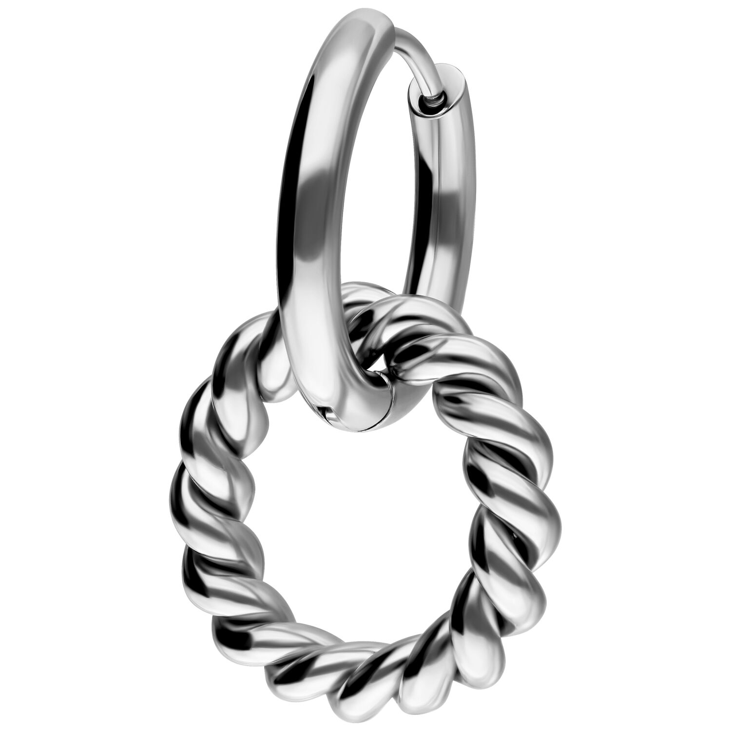 Twisted Circle Hoops en argent en acier inoxydable sur fond blanc