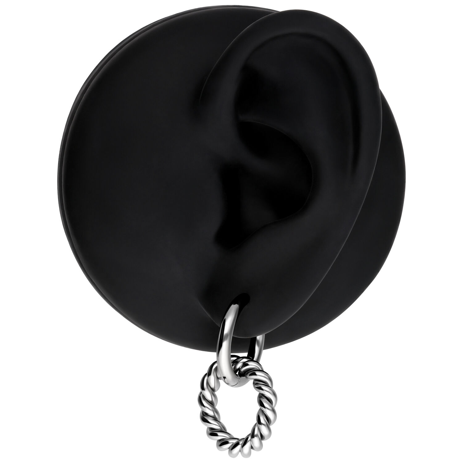 Créoles torsadées en argent en acier inoxydable sur modèle d'oreille noir