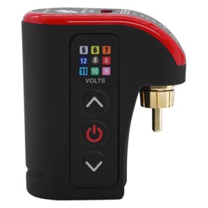 Bloc d'alimentation noir et rouge en aluminium sur fond blanc