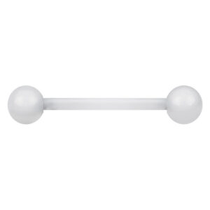 Barbell Piercing transparent en Bioplast avec deux boules sur fond blanc
