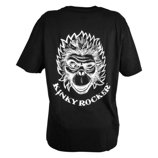 T-shirt noir Kinky Rocker avec design de singe T-shirt noir en coton avec motif de singe blanc et inscription 'Kinky Rocker' au dos