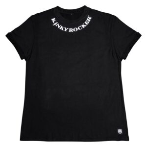 T-shirt noir avec inscription Kinky Rocker sur fond blanc.