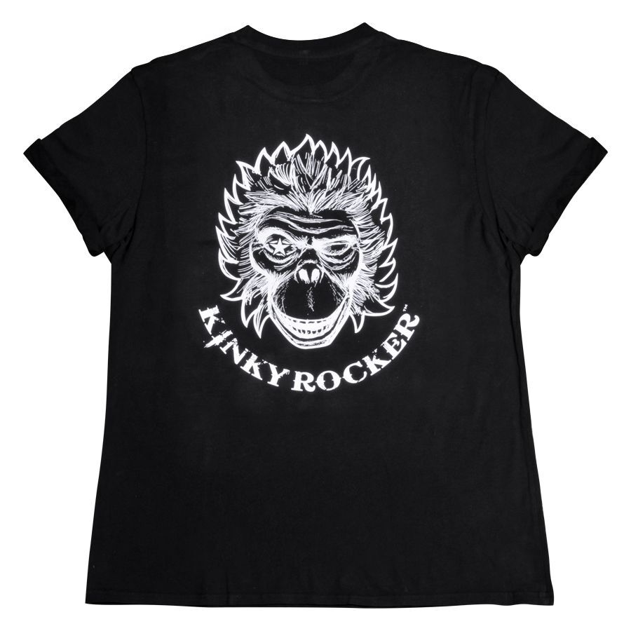 T-shirt noir Kinky Rocker avec imprimé singe T-shirt en coton noir avec imprimé singe blanc et inscription Kinky Rocker