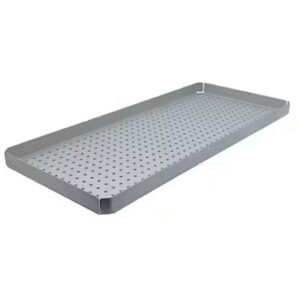 Plateau rectangulaire gris en métal avec trous, dimensions 42x19cm