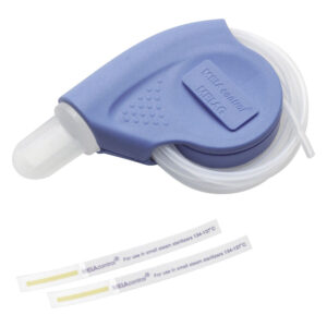 Kit pratique MELAcontrol bleu avec tuyau et bandes indicatrices sur fond blanc