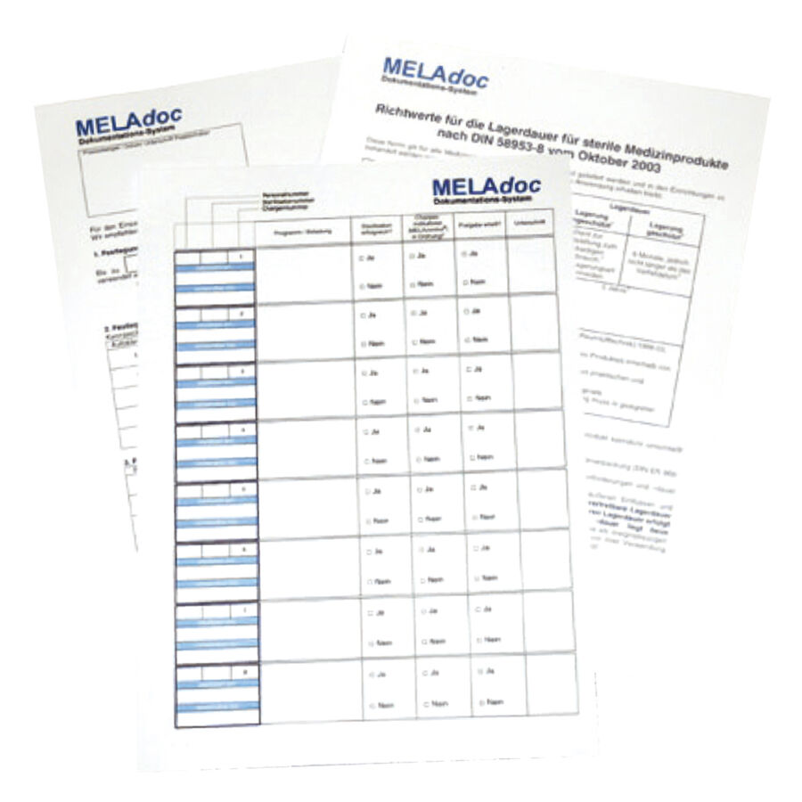 Bloc de documentation Melag, stérile, unisexe Bloc de documentation avec tableaux et logo Melag sur fond blanc
