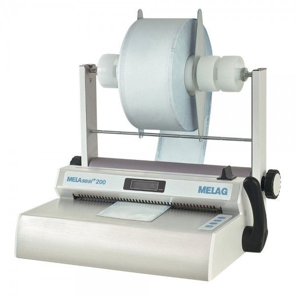 MELAseal 200 appareil de scellage avec porte-rouleau Appareil de scellage MELAseal 200 blanc avec rouleau bleu sur fond simple