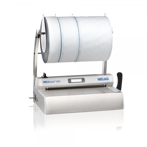 MELAseal 200 appareil de scellage en acier inoxydable MELAseal 200 appareil de scellage en acier inoxydable avec deux porte-rouleaux sur fond blanc