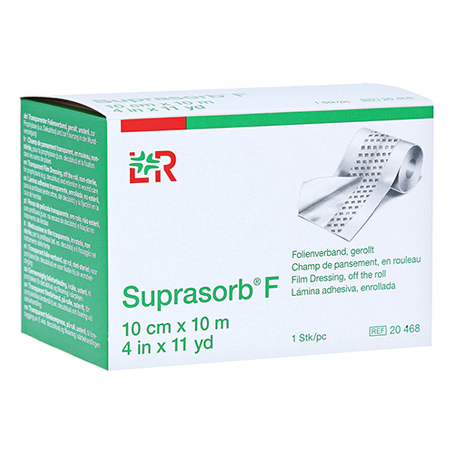 Suprasorb® F Pansement Film 10cm x 10m Suprasorb® F Pansement Film enroulé dans un emballage vert et blanc