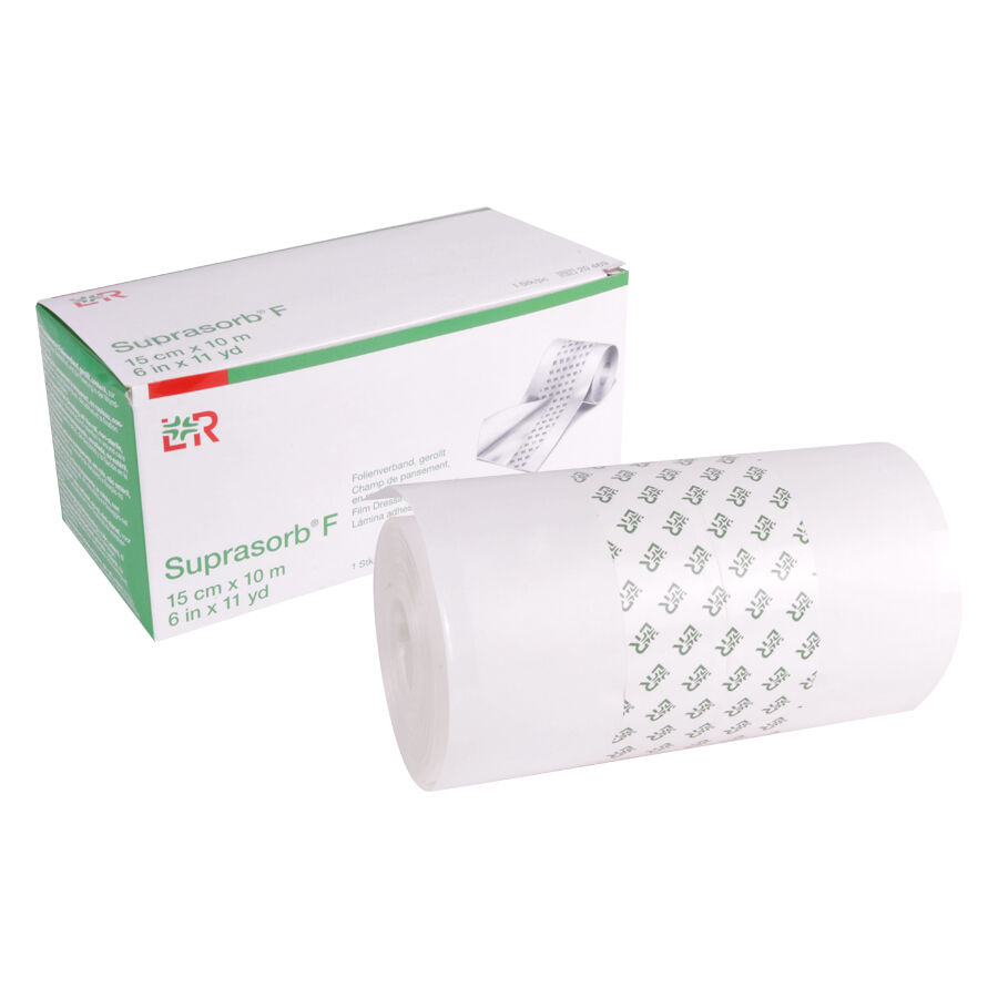 Suprasorb® pansement film en rouleau 15cm x 10m Suprasorb® pansement film en rouleau devant l'emballage sur fond blanc
