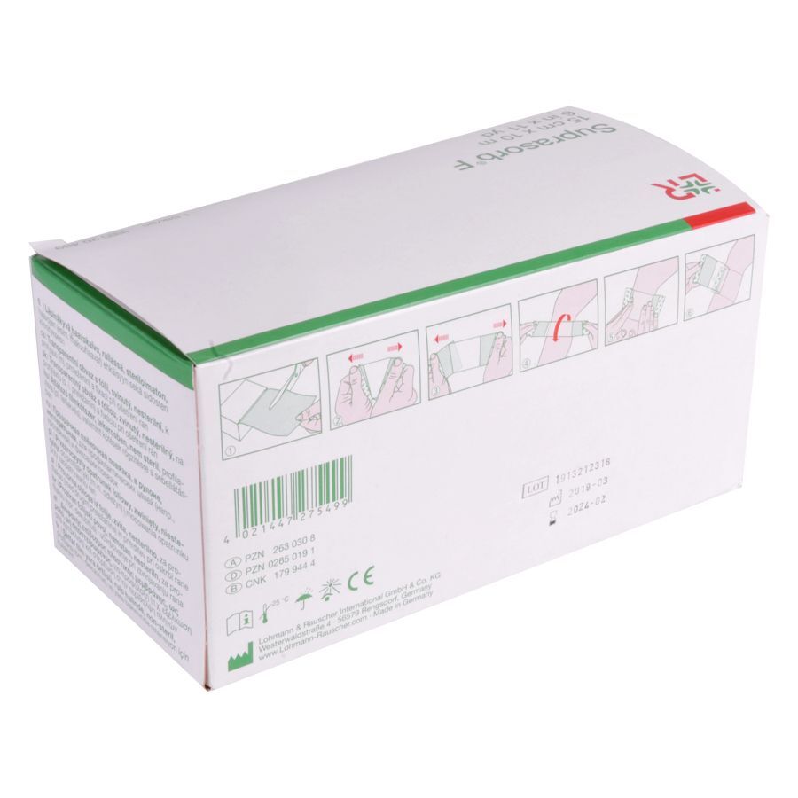 Suprasorb® pansement en film dans l'emballage Emballage du pansement en film Suprasorb® avec un design vert et blanc