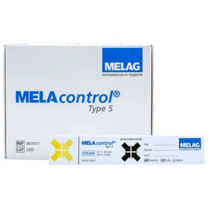 MELAcontrol Type 5 Indicateur boîte et bandelettes de test sur fond blanc