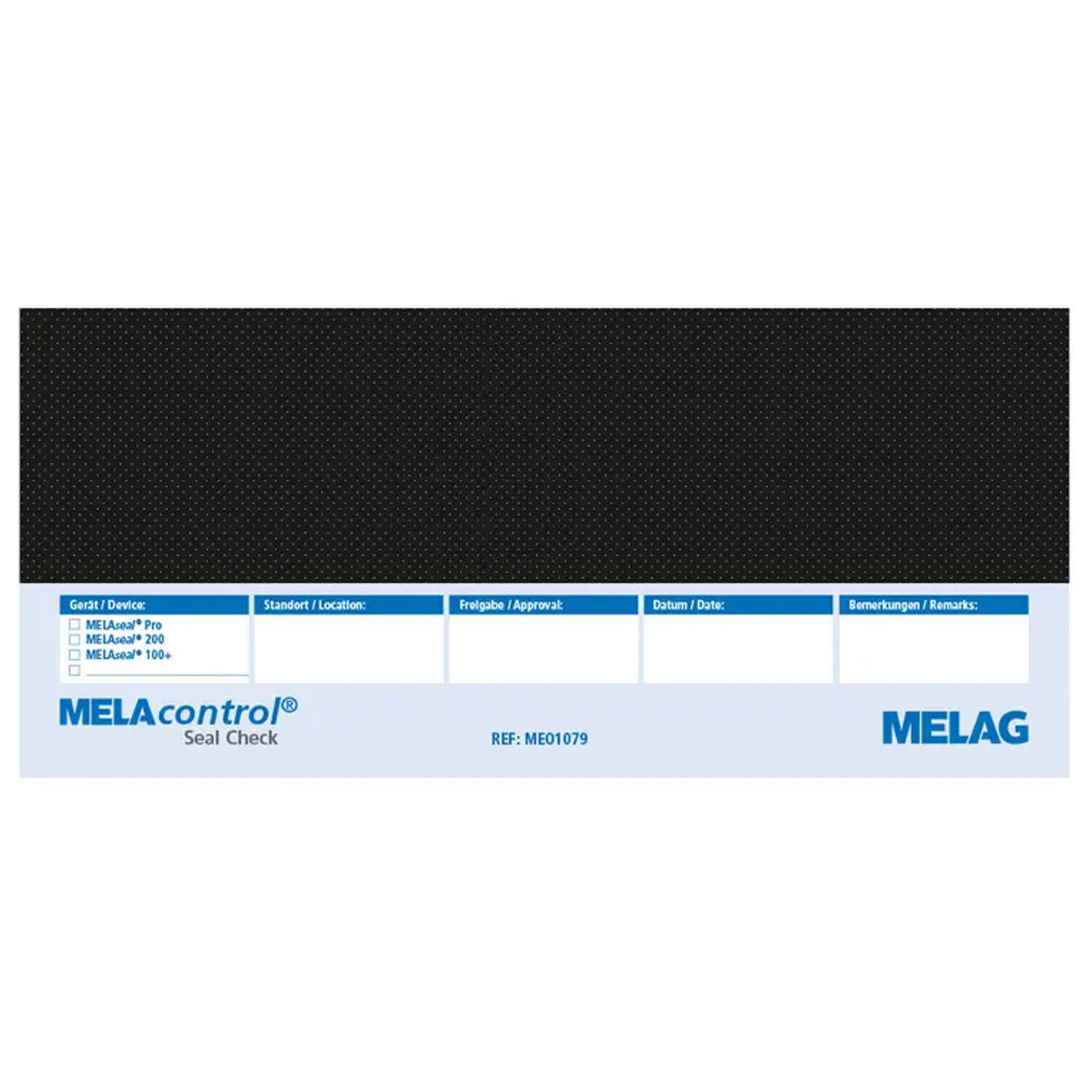 MELAcontrol Seal Check VE100 sur fond blanc MELAcontrol Seal Check VE100 avec design noir et bleu sur fond blanc