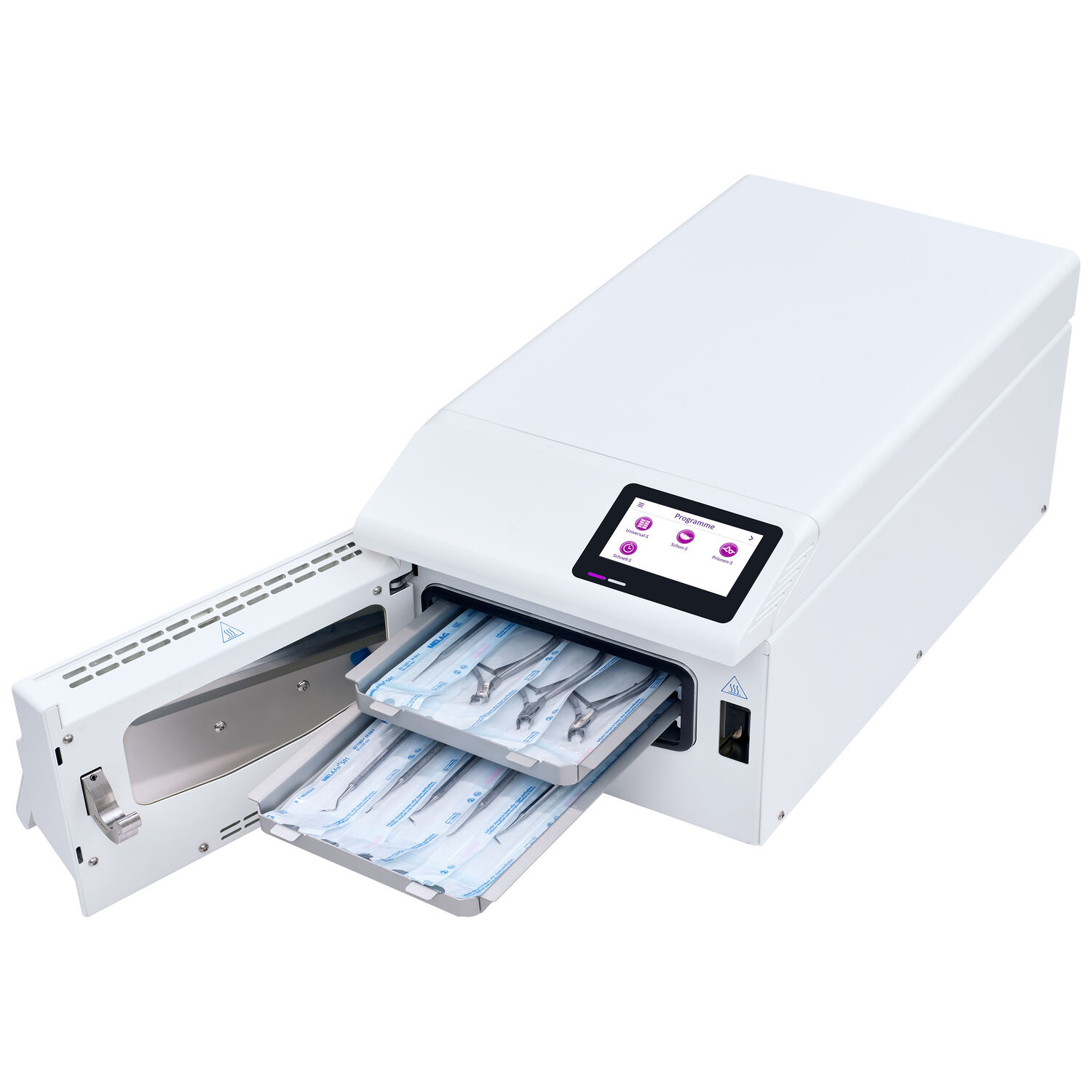 SteriHero Speed+ stérilisateur en blanc Stérilisateur SteriHero Speed+ blanc avec compartiment ouvert et écran tactile