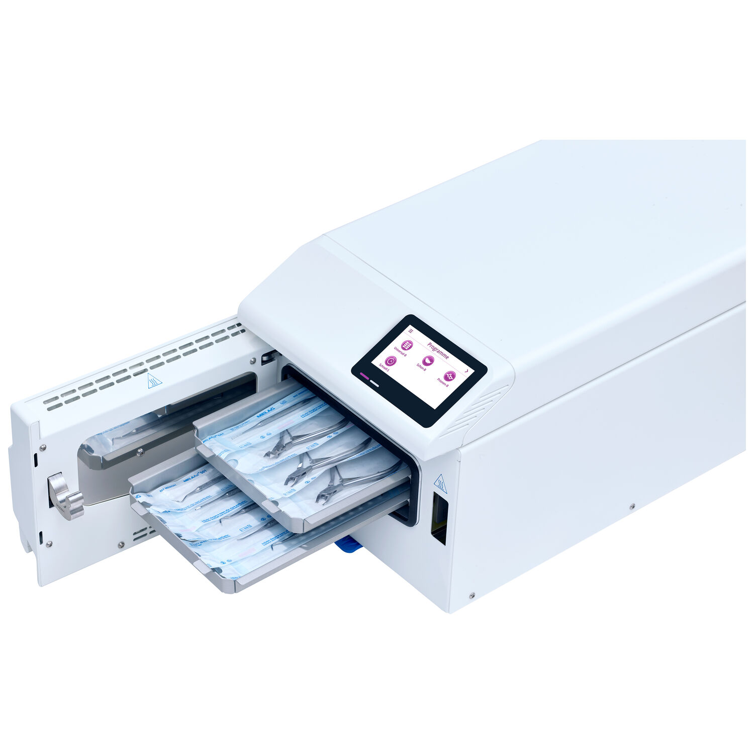 SteriHero Speed+ stérilisateur Stérilisateur blanc avec compartiment ouvert, écran tactile et sachets de stérilisation