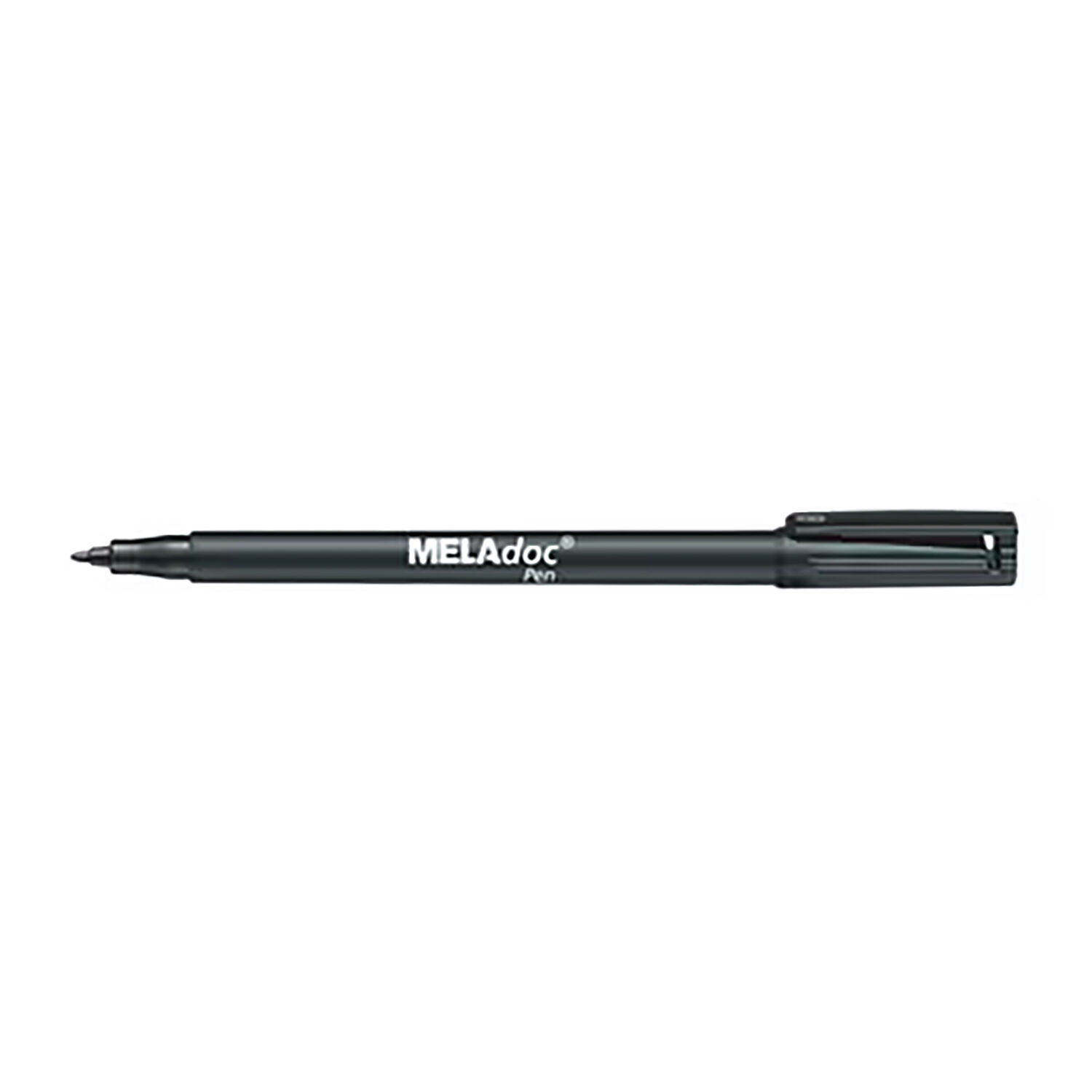 Stylo MELAdoc noir pour stérilisation Stylo MELAdoc noir sur fond blanc, capuchon en place