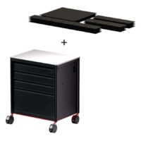 Station de travail tatouage noire Meta 2.0 en aluminium Station de travail tatouage noire avec roulettes, trois tiroirs et cadre en aluminium sur fond blanc
