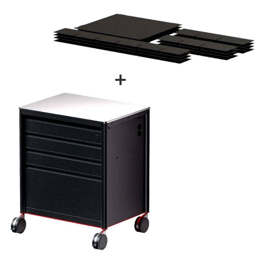 Station de travail tatouage noire Meta 2.0 en aluminium Station de travail tatouage noire avec roulettes, trois tiroirs et cadre en aluminium sur fond blanc