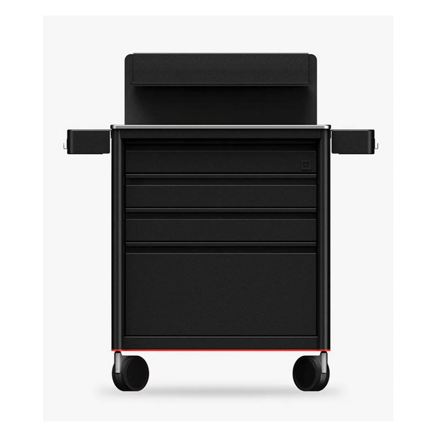 Tattoo Workstation Ultimate 2.0 noire Tattoo Workstation noire en aluminium avec roulettes sur fond blanc