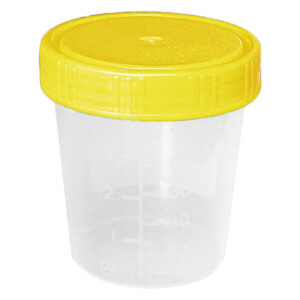 Gobelet stérile 100ml, corps transparent avec couvercle jaune
