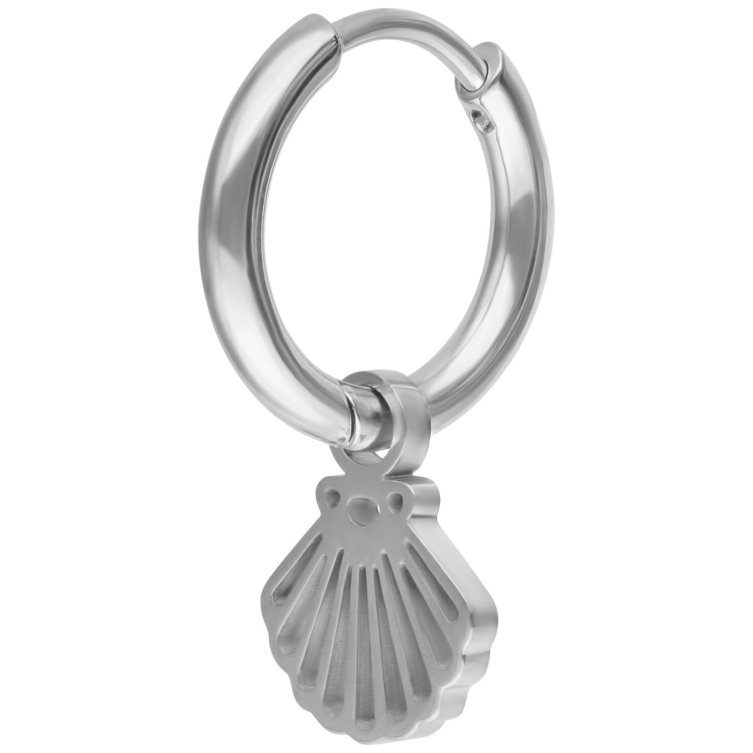 Mini Shell Hoops paire en acier chirurgical Créole en argent avec pendentif en forme de coquillage sur fond blanc