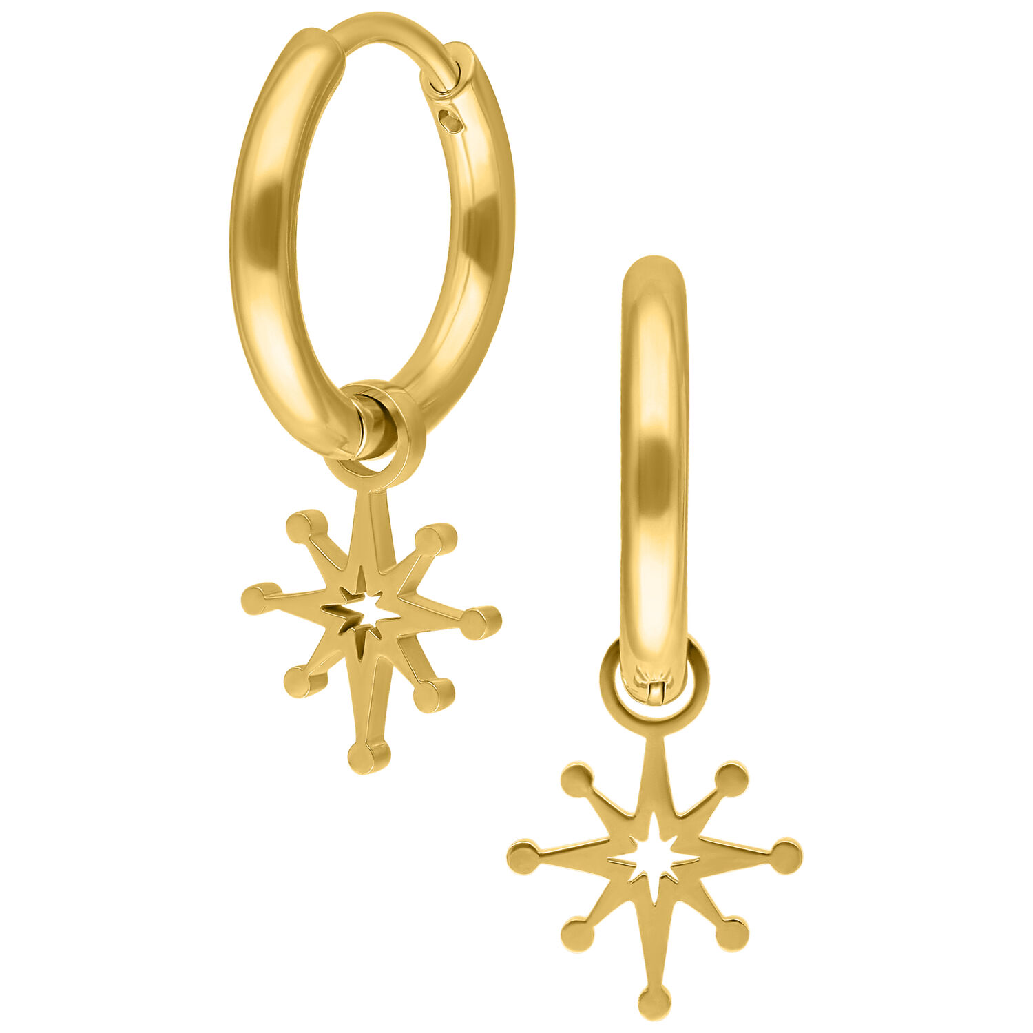 Deux créoles dorées avec pendentifs étoile polaire sur fond blanc