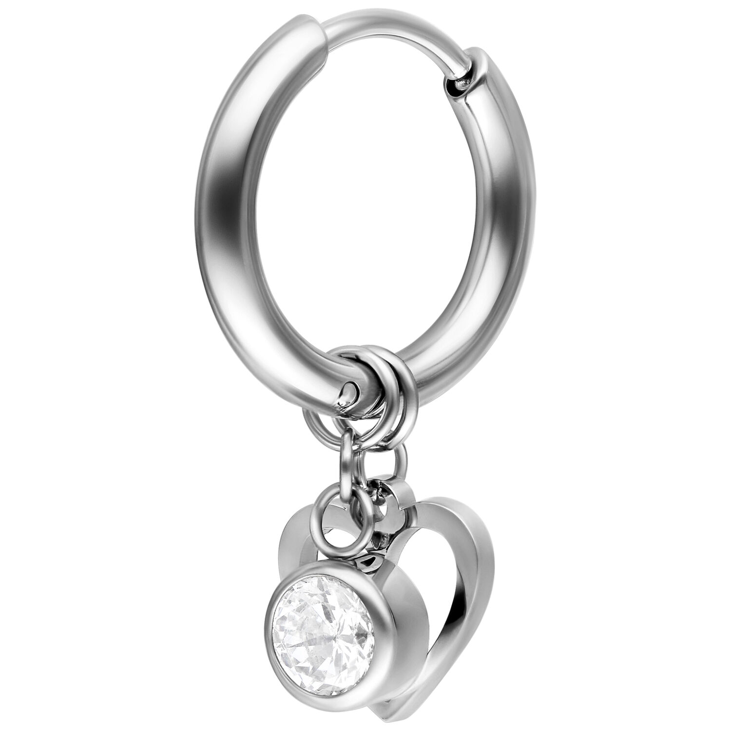 Créole argentée avec pendentif cœur et cristal sur fond blanc